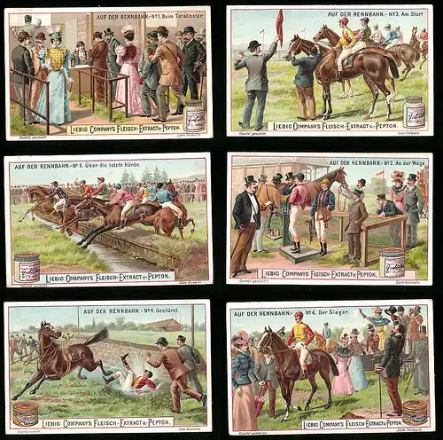 6 Sammelbilder Liebig, Serie Nr. 614: Auf der Rennbahn, Pferdesport, Wetten, Waage