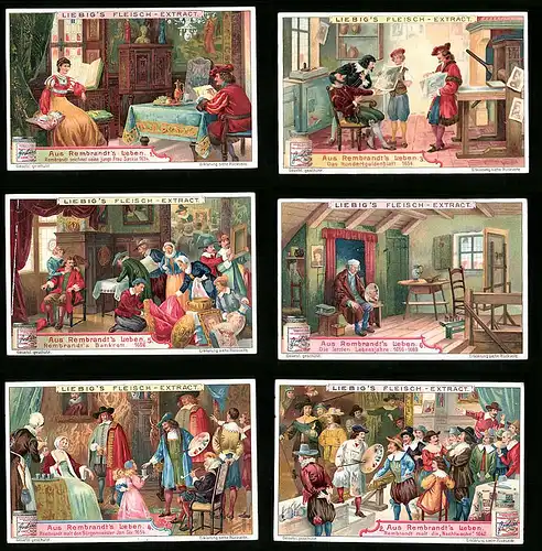 6 Sammelbilder Liebig, Serie Nr. 863: Aus Rembrandt`s Leben, Kunst, Hundertguldenblatt, Jan Six