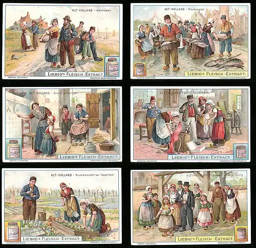 6 Sammelbilder Liebig, Serie Nr. 857: Alt-Holland, Blumenzucht, Fischmarkt, Haarlem