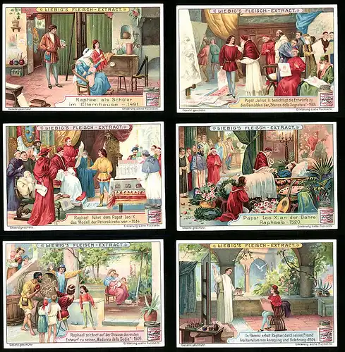 6 Sammelbilder Liebig, Serie Nr. 836: Künstler Raphael, Papst Leo X., Peterskirche, Madonna della Sedia