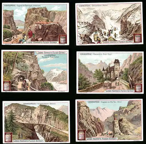 6 Sammelbilder Liebig, Serie Nr. 678: Gebirgspässe, China, St. Gotthardtpass, Malakand-Pass, Finstermünz-Pass
