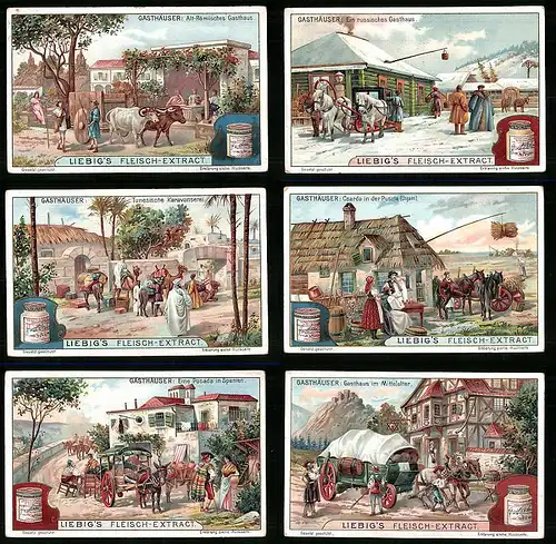 6 Sammelbilder Liebig, Serie Nr. 755: Gasthäuser, Mittelalter, Russland, Puszta, Posada