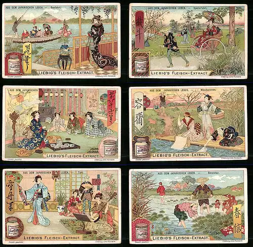 6 Sammelbilder Liebig, Serie Nr. 780: Aus dem japanischen Leben, Geisha, Reiskultur, Waschfrauen