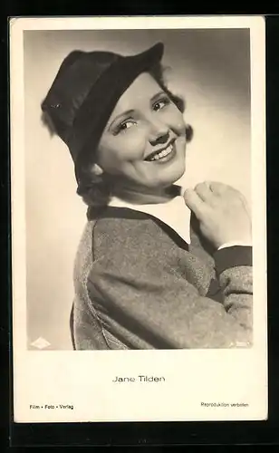 AK Schauspielerin Jane Tilden in grauer Jacke und Hut