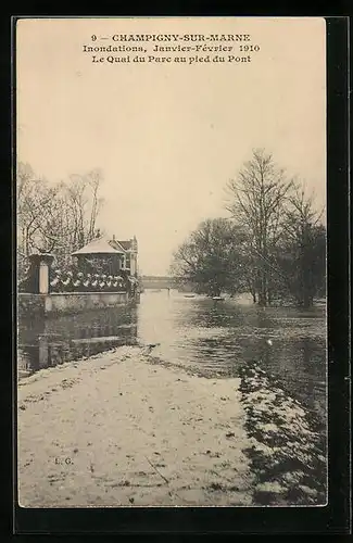 AK Champigny-sur-Marne, Inondations 1910, Le Quai du Parc au pied du Pont
