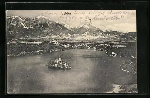 AK Veldes, Panorama mit Ort, See und Gebirge