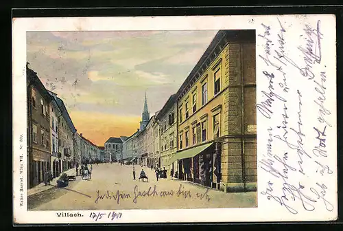 AK Villach, Strasse im Abendlicht