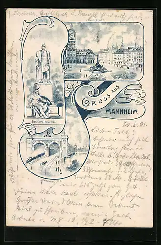 Lithographie Mannheim, Paradeplatz, Rheinbrücke, Bismarck-Denkmal