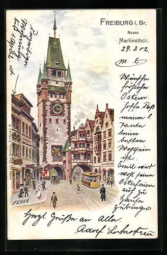 Lithographie Freiburg i. B., Neues Martinsthor mit Strassenbahn
