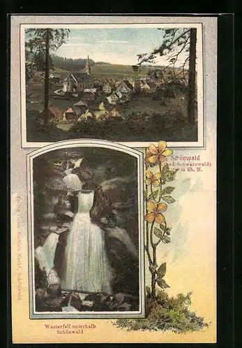 Relief-AK Schönwald /Schwarzwald, Panorama mit Kirche, Wasserfall