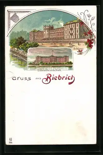Lithographie Biebrich, Unterofficierschule, Schloss