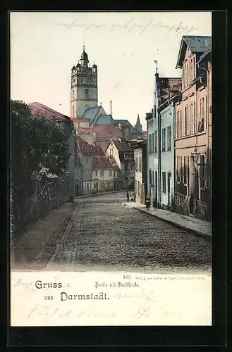 AK Darmstadt, Strassenpartie mit Stadtkirche