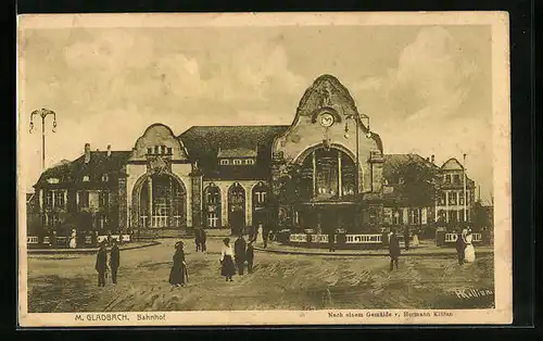 AK M. Gladbach, Bahnhof mit Passanten