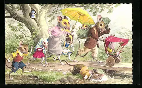 Künstler-AK Mäusefamilie beim Spaziergang durch den Regen