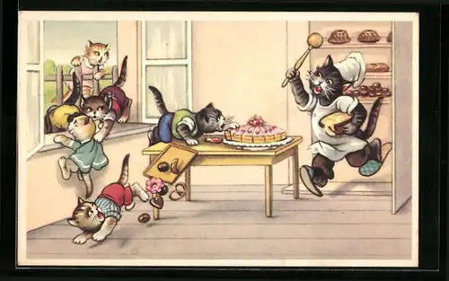 Künstler-AK Katzenkinder versuchen des Bäckers Kuchen zu stehlen