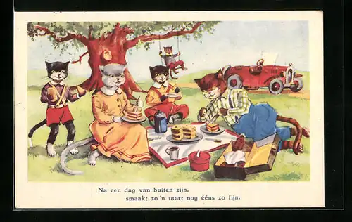 Künstler-AK Katzenfamilie beim Picknick