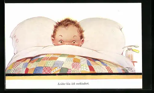 Künstler-AK Mabel Lucie Attwell: Leider bin ich verhindert - weinendes Baby im Bett