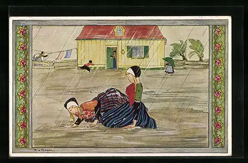 Künstler-AK Rie Cramer: Damen freuen sich über Regen nach Dürre