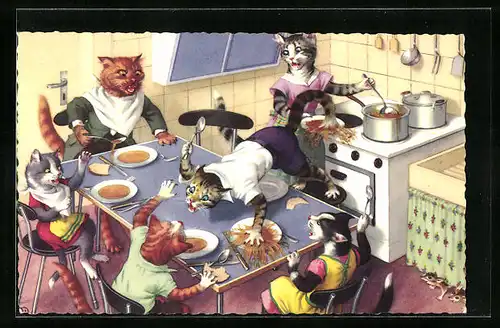 Künstler-AK Katzenfamilie in der Küche - Streit unter Geschwistern