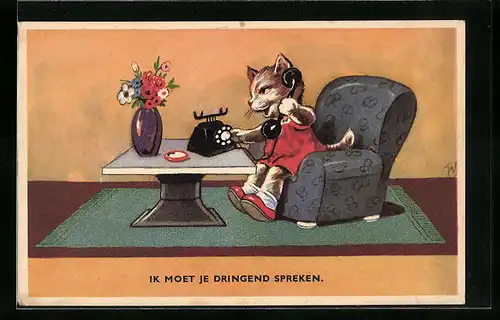 Künstler-AK Telefonierende Katze im Sessel