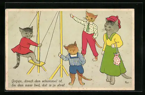 Künstler-AK Katzenkinder mit Gouvernante an einer Schaukel