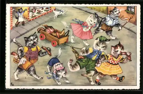 Künstler-AK Katzen mit Fleischkarren nach Plünderung einer Metzgerei
