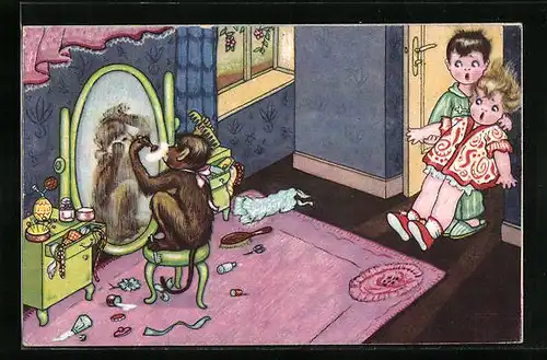 Künstler-AK Erstaunte Kinder erwischen Affe beim Rasieren