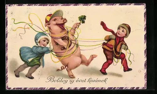 Künstler-AK Beschwipstes Glücksschwein mit Kindern - Neujahrsgruss