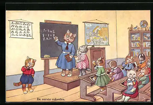 Künstler-AK Rechnen in der Katzenschule