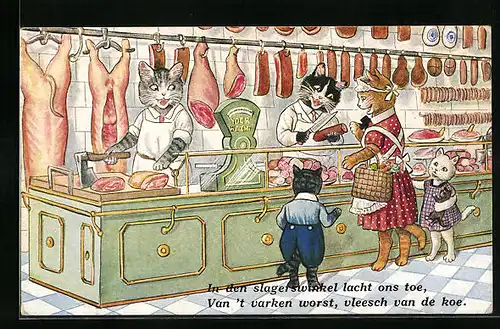 Künstler-AK Einkauf in der Metzgerei