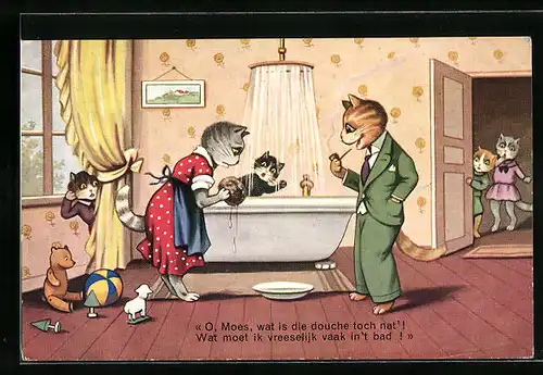 Künstler-AK Katzenkind wird gebadet