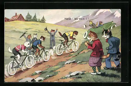Künstler-AK Katzen beim Fahrradrennen