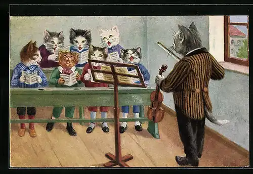 Künstler-AK Katzen beim Musikunterricht