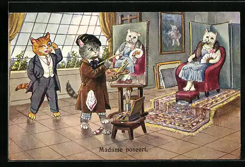 Künstler-AK Katzendame sitzt Modell beim Maler