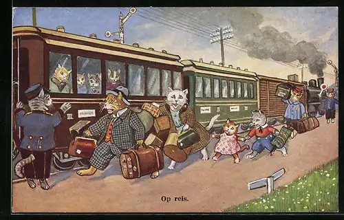 Künstler-AK Katzenfamilie mit Gepäck am abfahrenden Zug