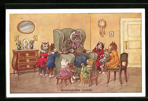 Künstler-AK Katzengrossmutter erzählt
