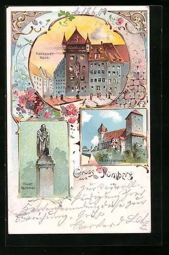 Lithographie Nürnberg, Nassauer Haus, Dürer-Denkmal