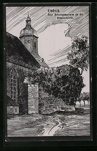 Künstler-AK Einbeck, Alter Befestigungsturm an der Münsterkirche