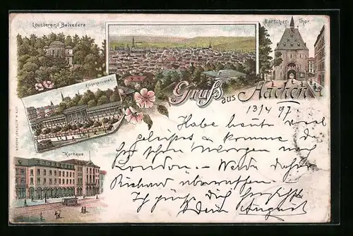 Lithographie Aachen, Teilansichten Kurhaus, Elisenbrunnen und Lousberg mit Belvedere