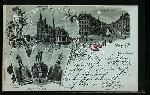 Mondschein-Lithographie Cöln, Strasse Hohenzollernring, Denkmale von Bismarck, Moltke und Friedrich Wilhelm III