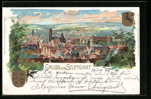 Lithographie Stuttgart, Totalansicht mit Wappen
