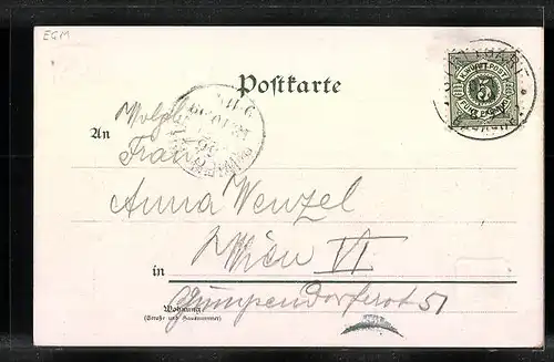 Lithographie Stuttgart, Totalansicht mit Wappen