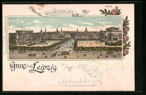 Lithographie Leipzig, Augustusplatz mit Strassenbahnen