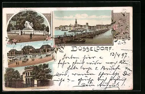 Lithographie Düsseldorf, Krieger-Denkmal, Bahnhof und Malkastein