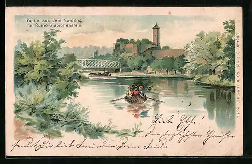 Lithographie Halle /Saale, Partie aus dem Saalthal mit Ruine Giebichenstein