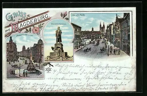 Lithographie Magdeburg, Teilansichten Bismarck-Denkmal, der alte Markt und Hasselbachbrunnen