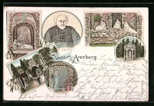 Lithographie Arenberg, Teilansichten Grotte von Lourdes, Tempel und Verkündigungsgrotte