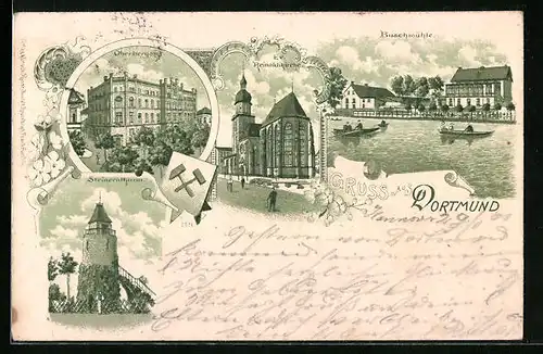 Lithographie Dortmund, Buschmühle, Steinernthurm und Ev. Reinoldikirche