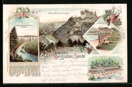 Lithographie Remscheid, Umgebung des Bergischen Landes mit Burg a. d. Wupper, Thalsperre Remscheid