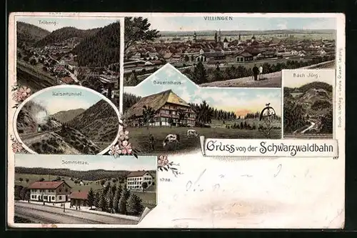 Lithographie Villingen, Umgebung der Schwarzwaldbahnstrecke mit Kaisertunnel und Sommerau